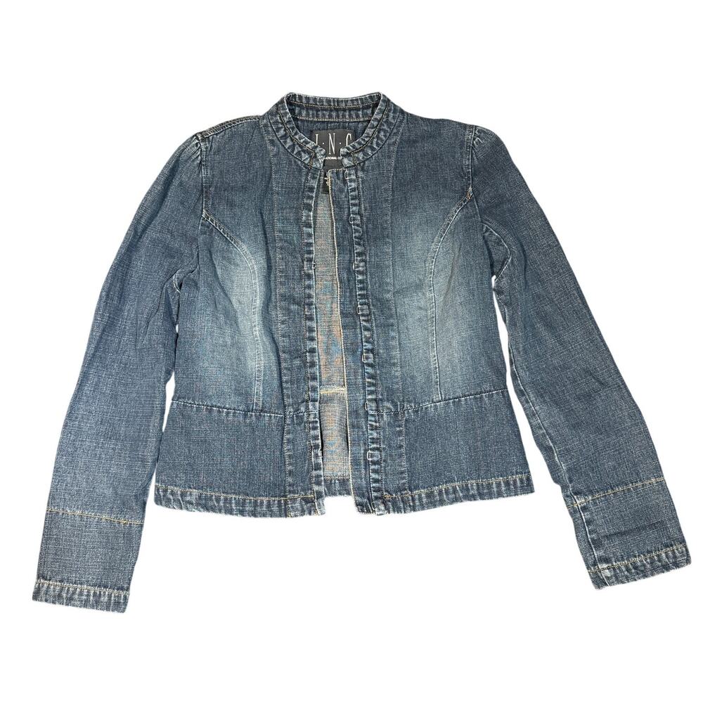 INC International Concepts Denim Jacket Medium Women's Blue Cropped Floral Lined